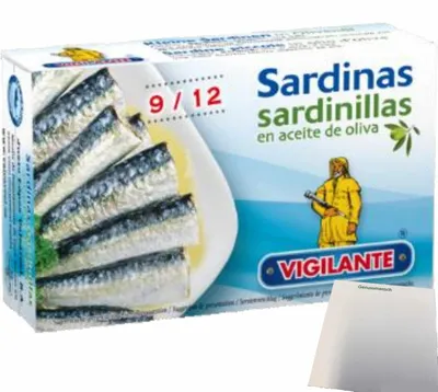 Produktbild von Vigilante "Kleine Sardinen in Olivenöl" Sardinas en aceite de oliva (120g Dose) + usy Block
