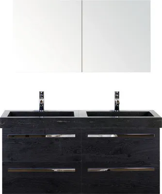 Produktbild von Sanox Badmöbel-Set Seville BxHxT 121 x 170 x 45,5 cm Frontfarbe black oak mit Waschtisch Naturstein schwarz, Waschbecken