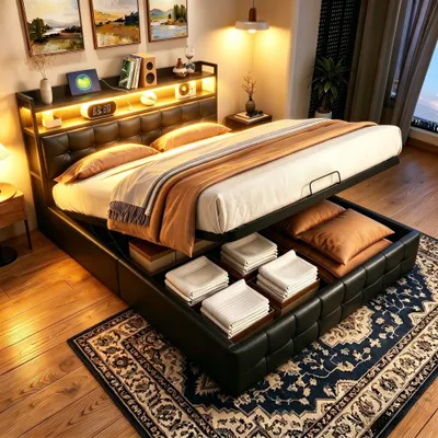 Productafbeelding van Moonbite bed met opbergruimte, 160x200 cm, Polyurethangrijs, met LED-verlichting, USB-C poort, lattenbodem met gasveren, draagvermogen tot 300 kg