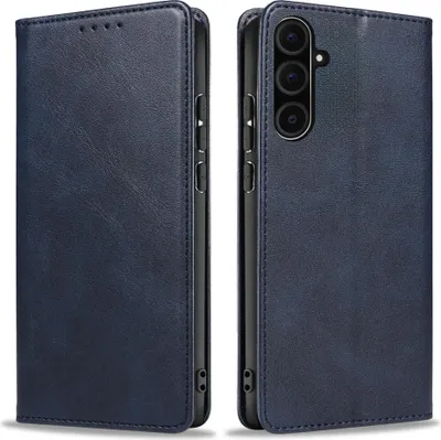A product shot of a blue flip phone case, shown from two angles.
