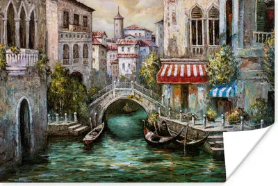 Produktbild von MuchoWow® Poster Gemälde - Wasser - Italien - Boot - Architektur - Öl 120x80 cm - Bilder
