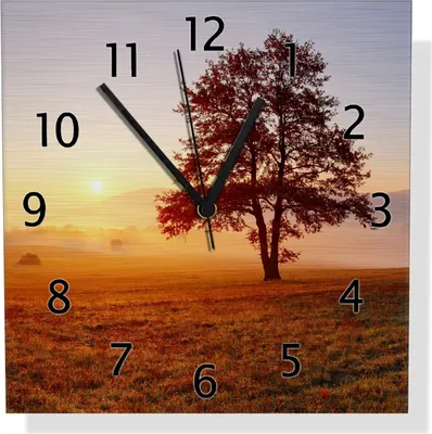 Produktbild von Wallario Design Wanduhr Sonnenaufgang über der Wiese mit Nebel aus Aluverbund, Größe 30 x 30 cm