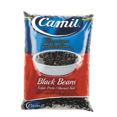 A bag of black beans on a white background.