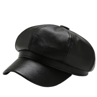 Produktbild von Baskenmütze für Damen, Frühling und Sommer, Retro, einfarbig, Kunstleder, kurze Krempe, dekorativer Sonnenschutz, Anti-UV, atmungsaktiv, Malerhut, Uni, achteckige Kappe, Schwarz