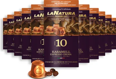 Produktbild von Karamell Espresso Crema Premium Kaffee - 110 Kaffeekapseln | La Natura Lifestyle Organic 616g| biobasiert | Nespresso®*³ kompatible