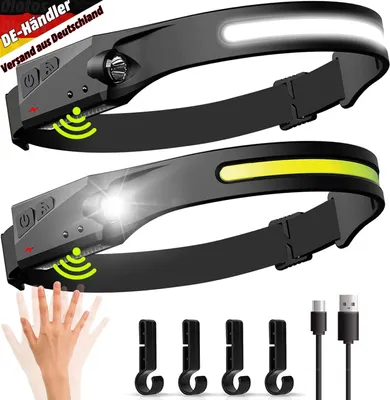 Produktbild von 2 x LED Stirnlampe, Sensorscheinwerfer USB wiederaufladbar Kopflampe, IPX4 wasserdicht, Schwarz
