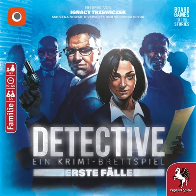 The image is a marketing image for the board game 'Detective: Erste Fälle'. It features illustrations of people who appear to be detectives, along with the game's title and other relevant information.