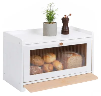 Produktbild von Relaxdays Brotkasten, Bambus, Schneidebrett, Ablage, Luftlöcher, Sichtfenster, HxBxT: 26 x 40 x 25 cm, Brotbox, weiß