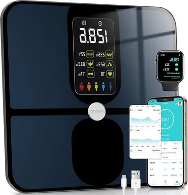 Obrázok produktu pre Digitálna váha s veľkým LCD displejom a USB portom – analýza telesného zloženia, BMI a pulzu s presnosťou na 15 gramov – nosnosť 180 kg, čierna