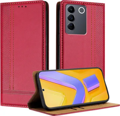 Produktbild von Handyhülle für Vivo V27e Leder Flip Klappbare Schutzhülle mit Standfunktion Rot