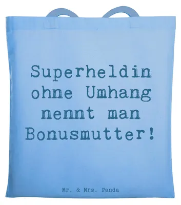 Produktbild von Mr. & Mrs. Panda Tote Bag Spruch Bonusmutter Superheld - Sky Blue - Geschenk, Familie, Shopping Tasche, Lächeln, Jutetasche, Elternteil, Geburtstage, Handarbeit