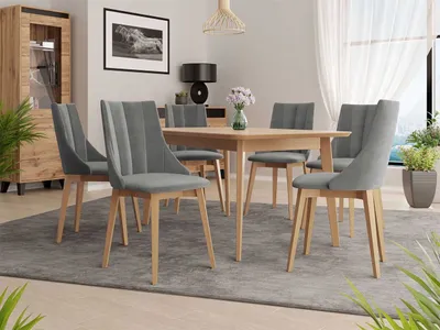 Obrázek produktu pro Rozkládací jídelní stůl se 6 židlemi NOWEN 2 - přírodní dřevo / šedý