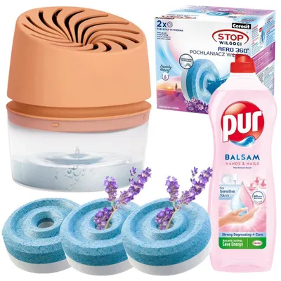 Image de Ceresit AERO 360 Absorbeur d'humidité à la pêche + 2 comprimés absorbants Ceresit 450 g à la lavande + Lotion nettoyante PUR 750 ml