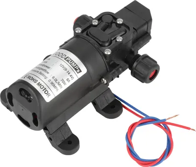 A black 12V DC water pump with a label and wires.