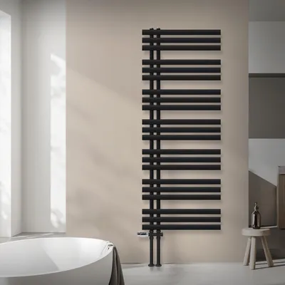 Obrázek produktu pro LuxeBath koupelnový radiátor Iron EM 600x1600 mm černý matný boční přípojka s přípojnou sadou termostat průchozí podlahový design koupelna, bez topného tělesa