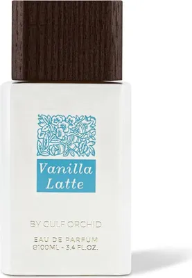 A white bottle of perfume with a wooden cap and a blue label.