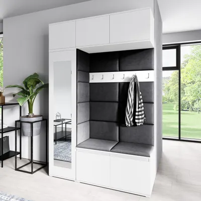 Produktbild von Garderoben-Set MIKA Kleiderschrank mit Polsterplatten, Schuhschrank Schrankaufsatz und Hängeschrank Ideal für Flur & Eingangsbereich (Weiß Trinity 16)