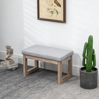Image de Tabouret de style scandinave avec aspect lin, dimensions 68x38x42 cm, couleur gris, pieds en bois