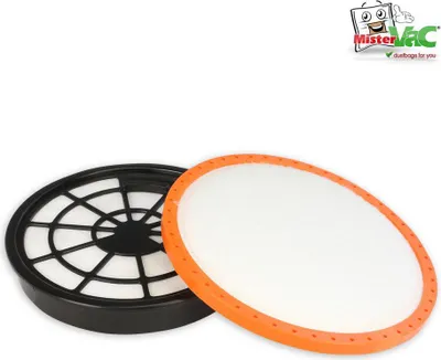Two vacuum cleaner filters are shown on a white background. One filter has a black plastic grid and white filter material. The other filter has an orange plastic rim and white filter material.