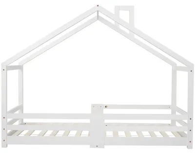 Imagen del producto de Cama infantil con barandillas - 90 x 200 cm - Madera de haya - Somier de listones - Protección anticaídas - Diseño de chimenea - Blanco