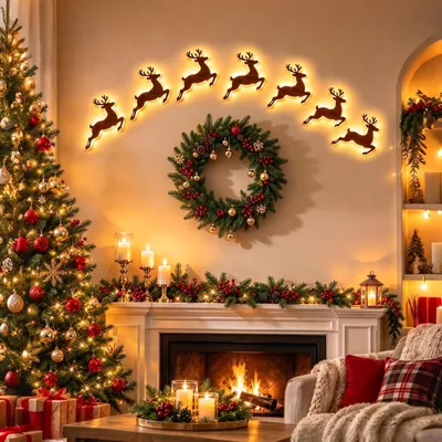 Produktbild von Weihnachtsdeko,3D Selbstklebende Weihnachtliche Wanddeko(Style B)Weihnachtsbeleuchtung aus Holz,Heimdekoration Rentier Wanddekoration für Wohnzimmer