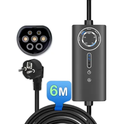 Produktbild von Typ 2 EV Ladekabel Mode 2, 3.5 kW (16A) Schuko Stecker, 6m, einstellbar 6A/8A/10A/13A/16A, für Elektroauto Wallbox Home Charging - Schwarz