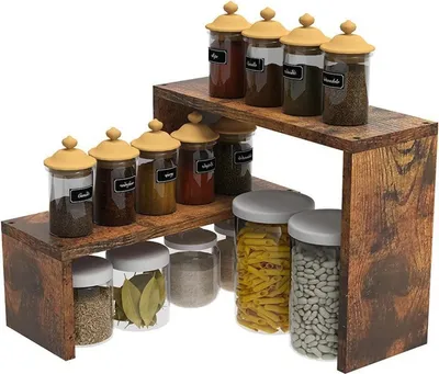 Image de VEDECASA Étagère à épices d'angle empilable à 2 niveaux en bois brun rustique