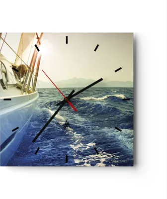 Produktbild von Wanduhr - Quadrat - Glasuhr - Yacht Segelboot Sonne - 30x30cm - Schleichendes Uhrwerk - Lautlos - zum Aufhängen bereit - Dekoration Modern - Wanddekoration aus Glas - C3AC30x30-4138