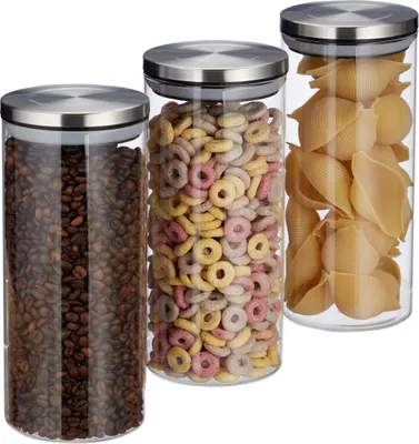 Produktbild von Relaxdays Vorratsglas 3er Set, 1,3 L, luftdicht, Edelstahl Deckel, für Pasta, Müsli & Reis, Küchenbehälter, transparent