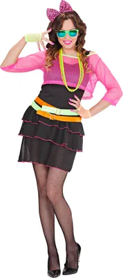 A woman wearing an 80s-themed costume.