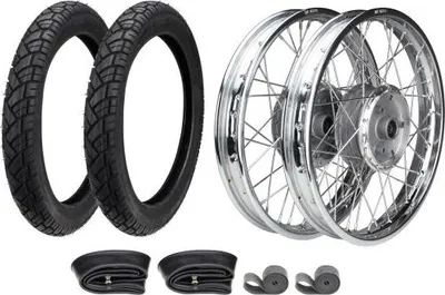 Image de 2x roue à rayons en acier complète 1,6x16 pouces chrome + pneu VeeRubber VRM094 2.75-16 (2 3/4x16) 43J TT +tube+ruban de jante