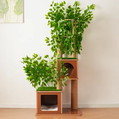 Image de Arbre à chat Flieks, 175 cm, avec cachettes et coussins, griffoir pour chat avec poteaux en sisal et feuilles artificielles amovibles, couleur verte