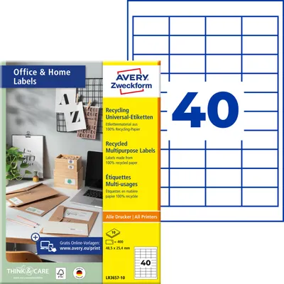 Produktbild von Avery Zweckform LR3657-10, Recycling Universal-Etiketten, A4, 48,5 x 25,4 mm, 400 Etiketten / 10 Bögen, naturweiß