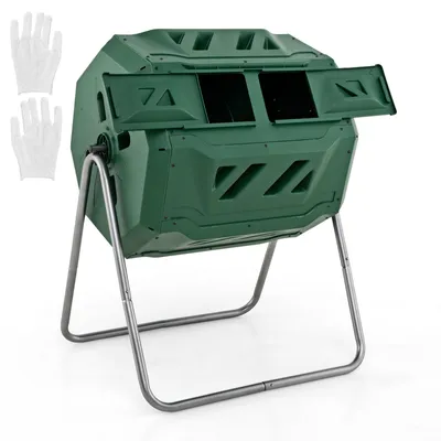 Zdjęcie produktu dla COSTWAY 160L kompostownik bębnowy, dwukomorowy kompostownik ogrodowy obracany o 360°, przerzucarka kompostu z 2 przesuwanymi drzwiami i rękawicami 70x63x93cm zielony