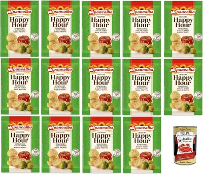Produktbild von Panealba Happy Hour Pomodoro e Olive verdi 50gr, Crostini mit Tomaten und grünen Oliven 14x 50 g + Italian Gourmet polpa 400gr