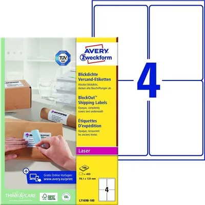 Obrázek produktu pro Avery L7169-100, Bílá, Papír, 100 listy, 139 mm, 99,1 mm, 400 kusů