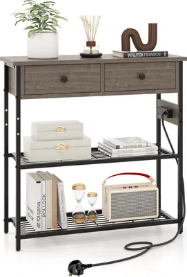 Produktbild von Konsolentisch schmal mit Ladestation, Flurtisch Eingangstisch mit Steckdose & USB- & TypeC-Anschlüssen, Dielentisch mit 2 Schubladen, 81x30x81 cm