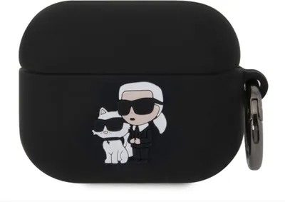 A black AirPods Pro case with a cartoon illustration of Karl Lagerfeld and his cat.