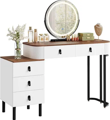 Produktbild von Schminktisch mit LED-Spiegel, 2 Schubladen und Beistellschrank | Orangebraune Holzoptik | 100x40x126cm