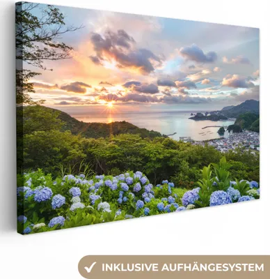 Produktbild von MuchoWow® - Leinwandbilder - Hortensienblüten im Sonnenuntergang, Wandbild, Wanddeko Bilder Wohnzimmer, 60x40 cm