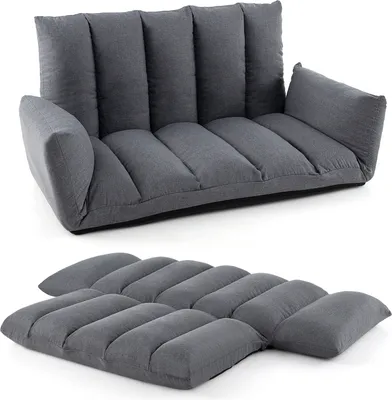 A gray floor sofa is shown in two configurations: assembled and disassembled.