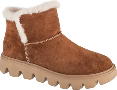 A single brown winter boot with white fur trim and a tan sole is shown against a white background.