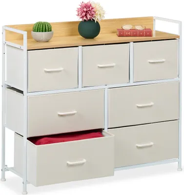 Immagine prodotto di Comodino Relaxdays, L x P x A: 85 x 100 x 30,5 cm, 7 cassetti in tessuto, ingresso, camera da letto, mobile a cassetti moderno, beige/bianco