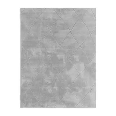 A gray rug with a diamond pattern is shown from a top-down perspective against a white background.