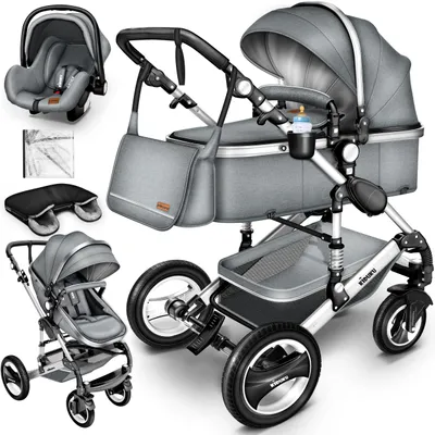 Produktbild von KIDUKU® 3 in 1 Kombi Kinderwagen Grau/Silber Buggy Reisebuggy inkl. Auto- Babyschale Faltbar ECE R129