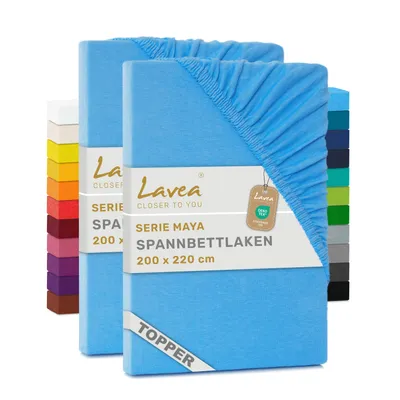 Produktbild von Lavea® 2er Pack Topper Spannbettlaken 200x220cm, Bettlaken aus 100% Baumwolle Jersey – Für Topper bis 12 cm Höhe – Weich, Himmelblau