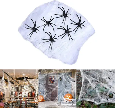 Obrázok produktu pre Dekorácia na Halloween – pavúčia sieť, 100 g, 30 umelých pavúkov, vhodná na vnútorné aj vonkajšie použitie