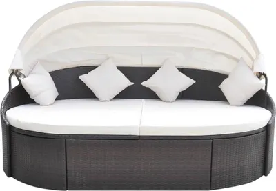 A brown outdoor lounge bed with a white canopy and white cushions, shown on a white background.