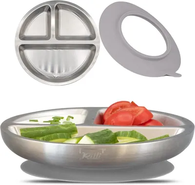 Produktbild von Baby Teller mit Saugnapf, Edelstahl, rutschfest, spülmaschinenfest, für selbstständiges Essen