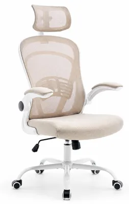 Zdjęcie produktu dla Ergonomiczny fotel biurowy z wysokim oparciem z siatki, regulowanym zagłówkiem, wsparciem odcinka lędźwiowego i podnoszonymi podłokietnikami; posiada funkcję obrotu o 360° oraz mechanizm bujania, wytrzymuje obciążenie do 136 kg; biała rama i siatka w kolorze khaki